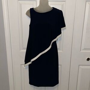 Lauren Ralph Lauren sz 2 Navy One Shoulder Cocktail Dress White trim GUC B1313